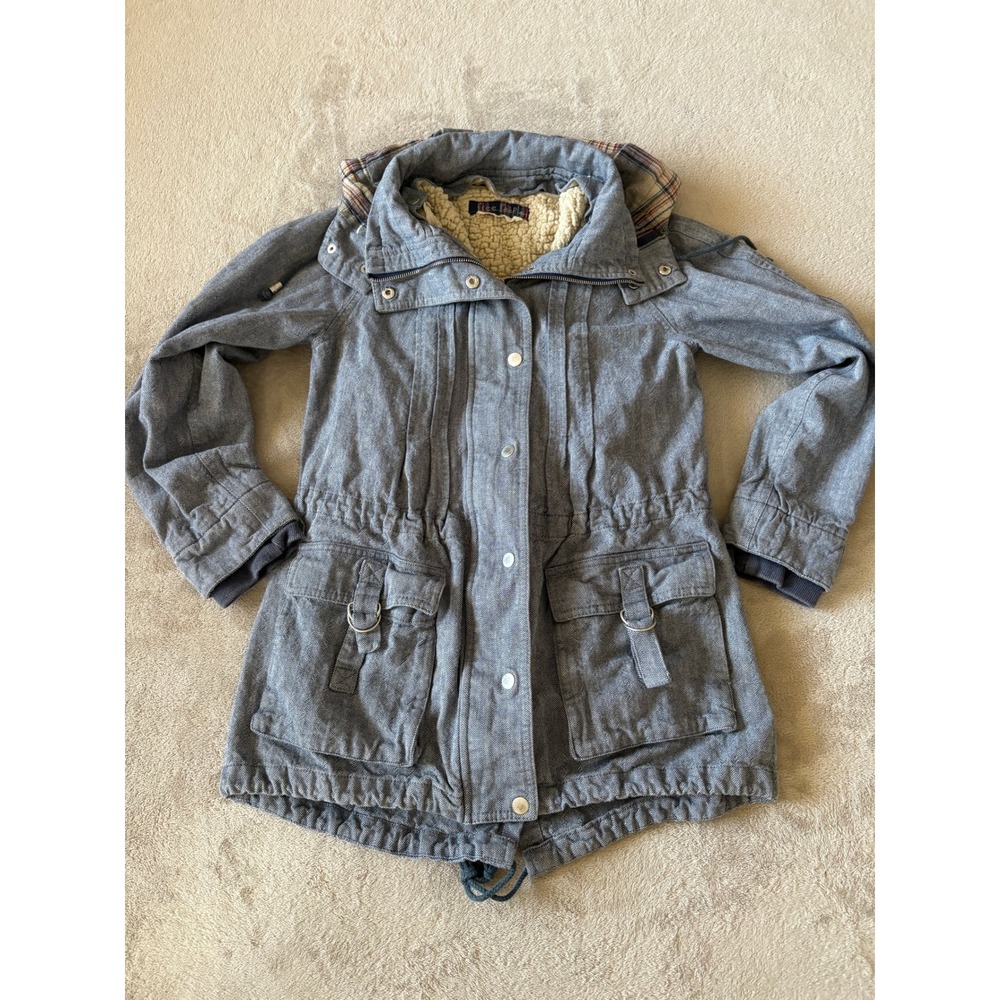 Free People Sz 2 Hooded Anorak Jacket Sherpa Lined Drawstring Waist Pockets Blue